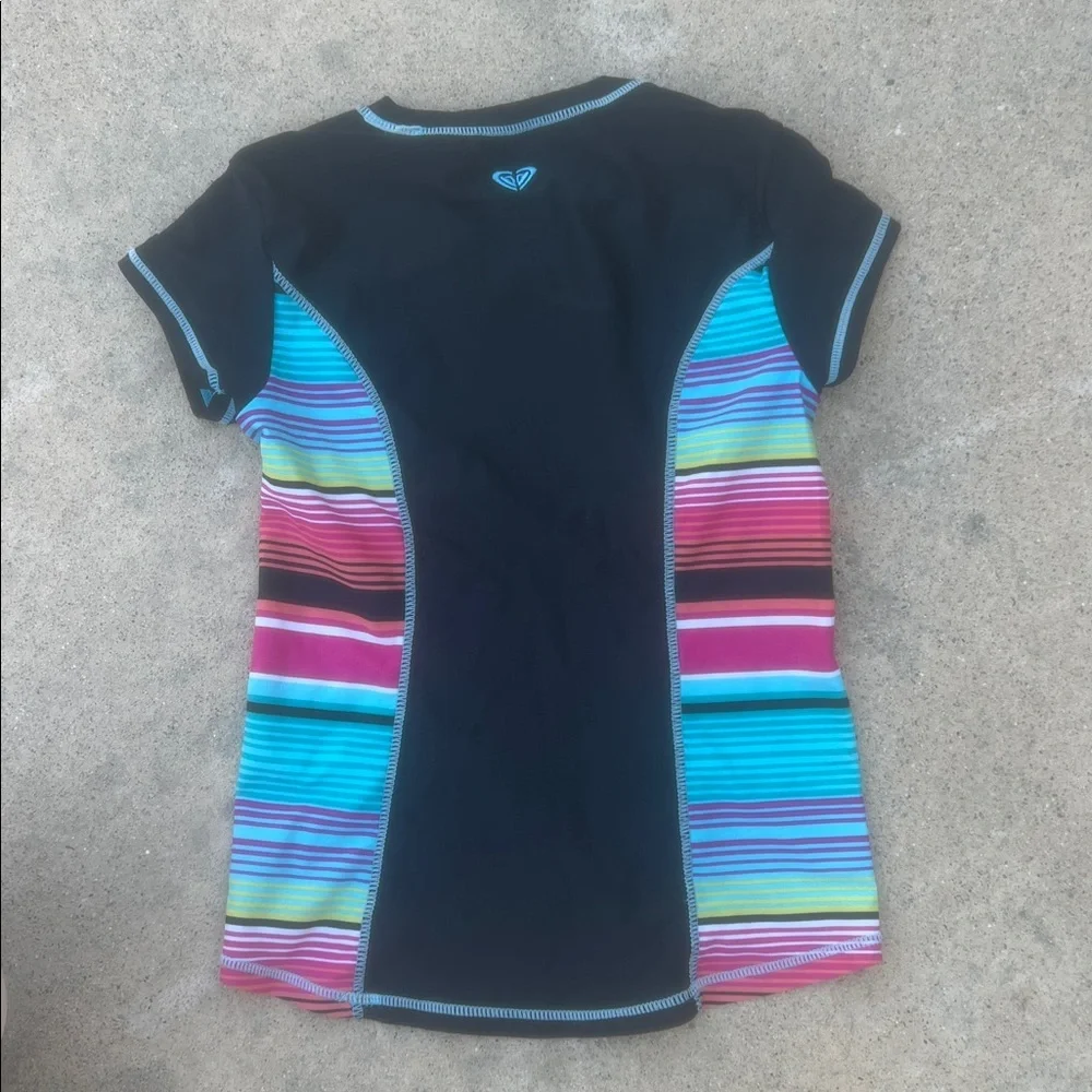 Roxy Girl Black Multicolor Striped Short Sleeve Rashguard Swim Top Girls Size 8
